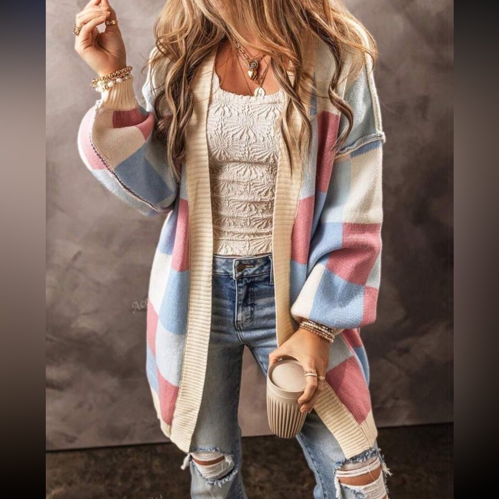 Luxe Comfy Color Block Open Front Cardigan Sweater - Picture 1 of 7